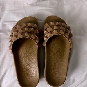 Carmen Sol, made in Italy, Women's Taupe Studded Slide Sandals, Casual Slip-On